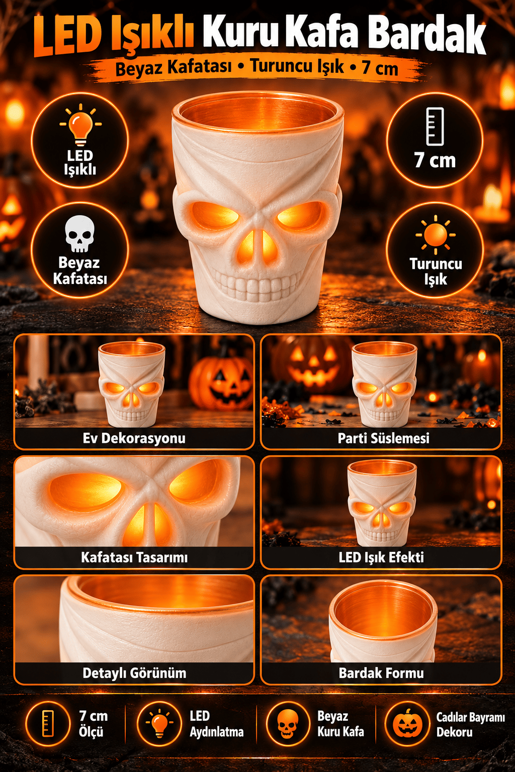 Halloween Cadılar Bayramı LED Işıklı Kuru Kafa Bardak 7 cm Beyaz Kafatası Ev ve Parti Dekoru