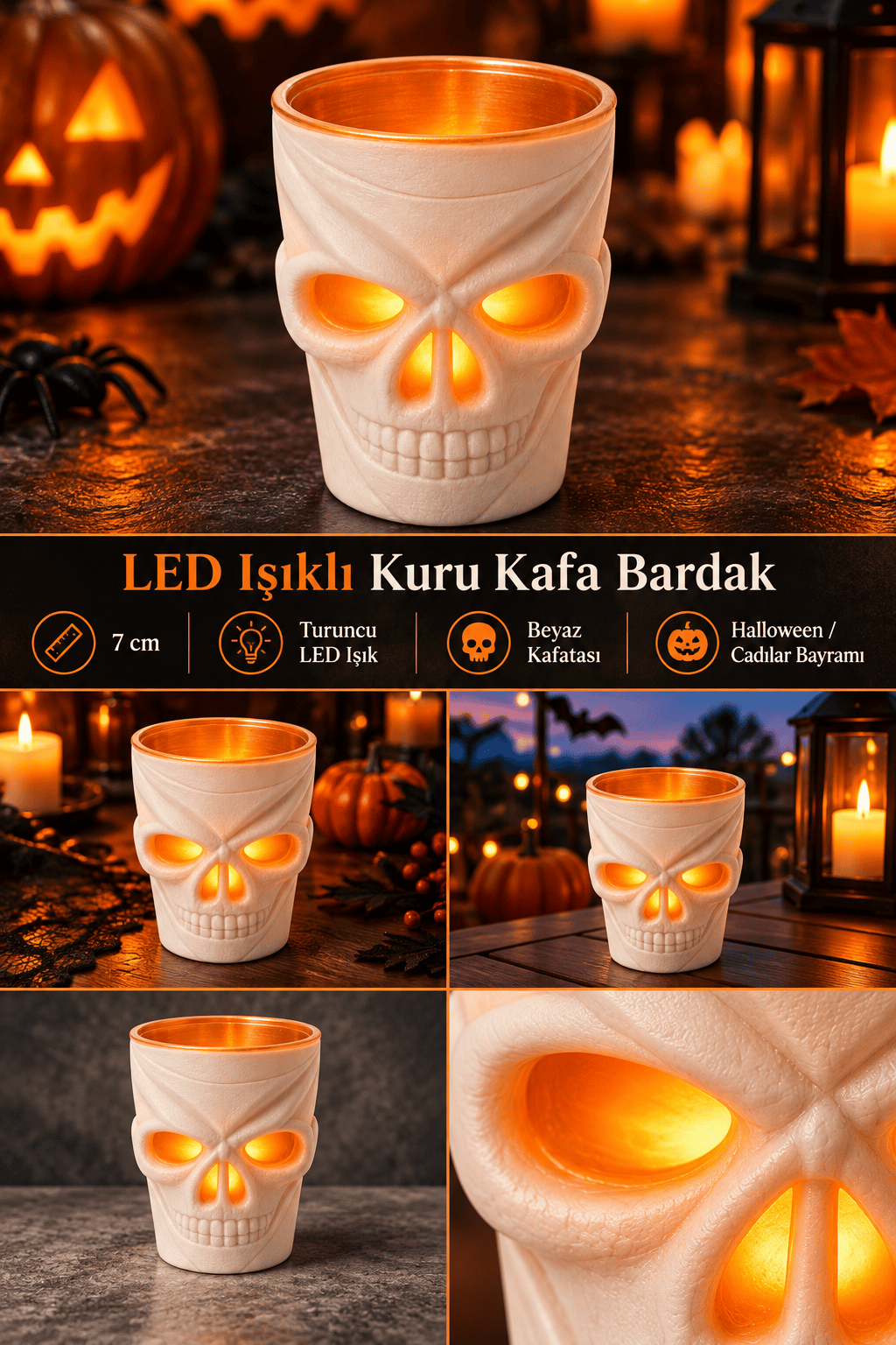 Halloween Cadılar Bayramı LED Işıklı Kuru Kafa Bardak 7 cm Beyaz Kafatası Ev ve Parti Dekoru