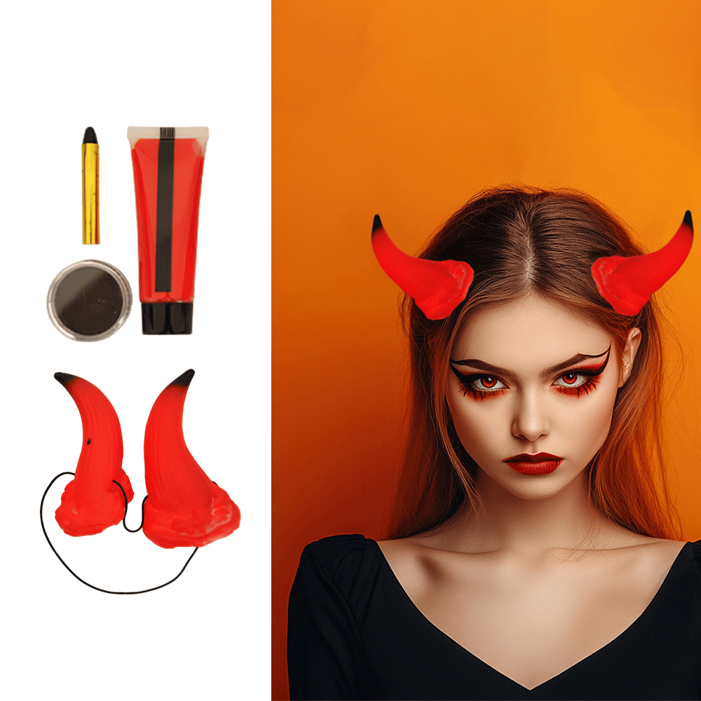 Halloween Cadılar Bayramı Monster Makyaj Seti 4 Parça Kırmızı Şeytan Boynuzlu Boya, Far, Boyama Kalemli Şeytan Makyaj Seti
