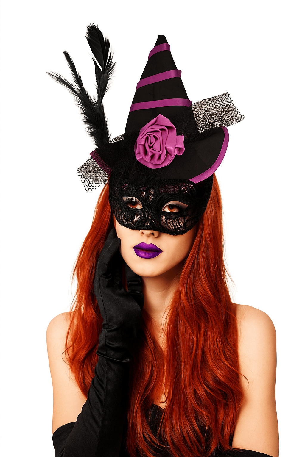 Halloween Cadılar Bayramı Mor Siyah Güllü Mini Cadı Şapka Modelli Taç