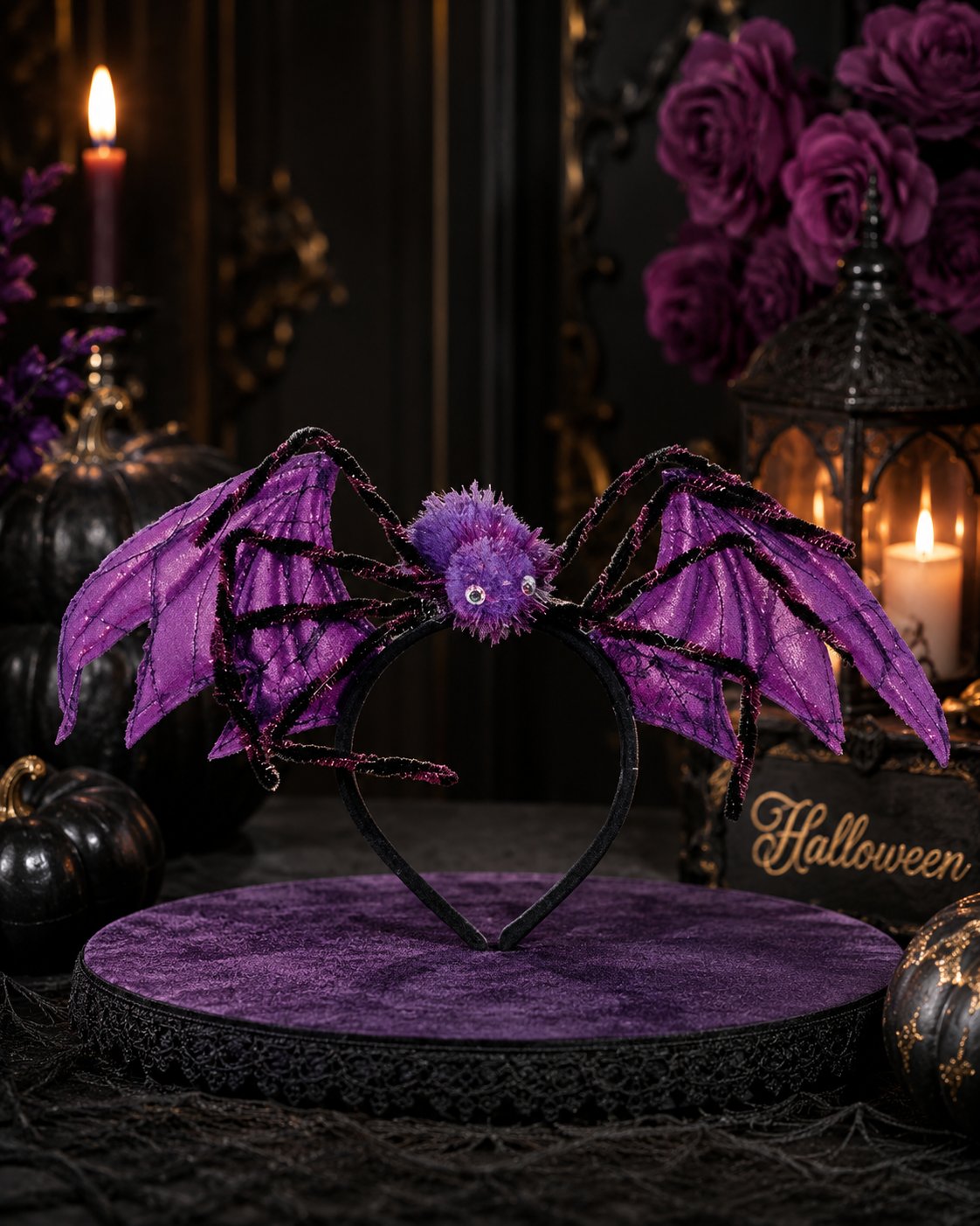 Halloween Cadılar Bayramı Mor Yarasa Kanatlı Örümcekli Taç 20x35,5 cm Parti Aksesuarı