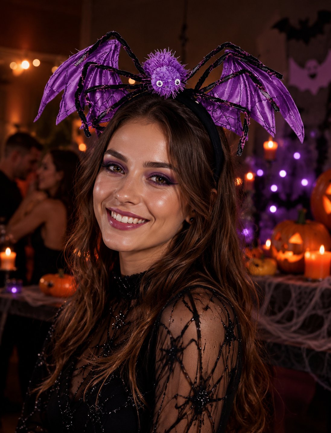 Halloween Cadılar Bayramı Mor Yarasa Kanatlı Örümcekli Taç 20x35,5 cm Parti Aksesuarı