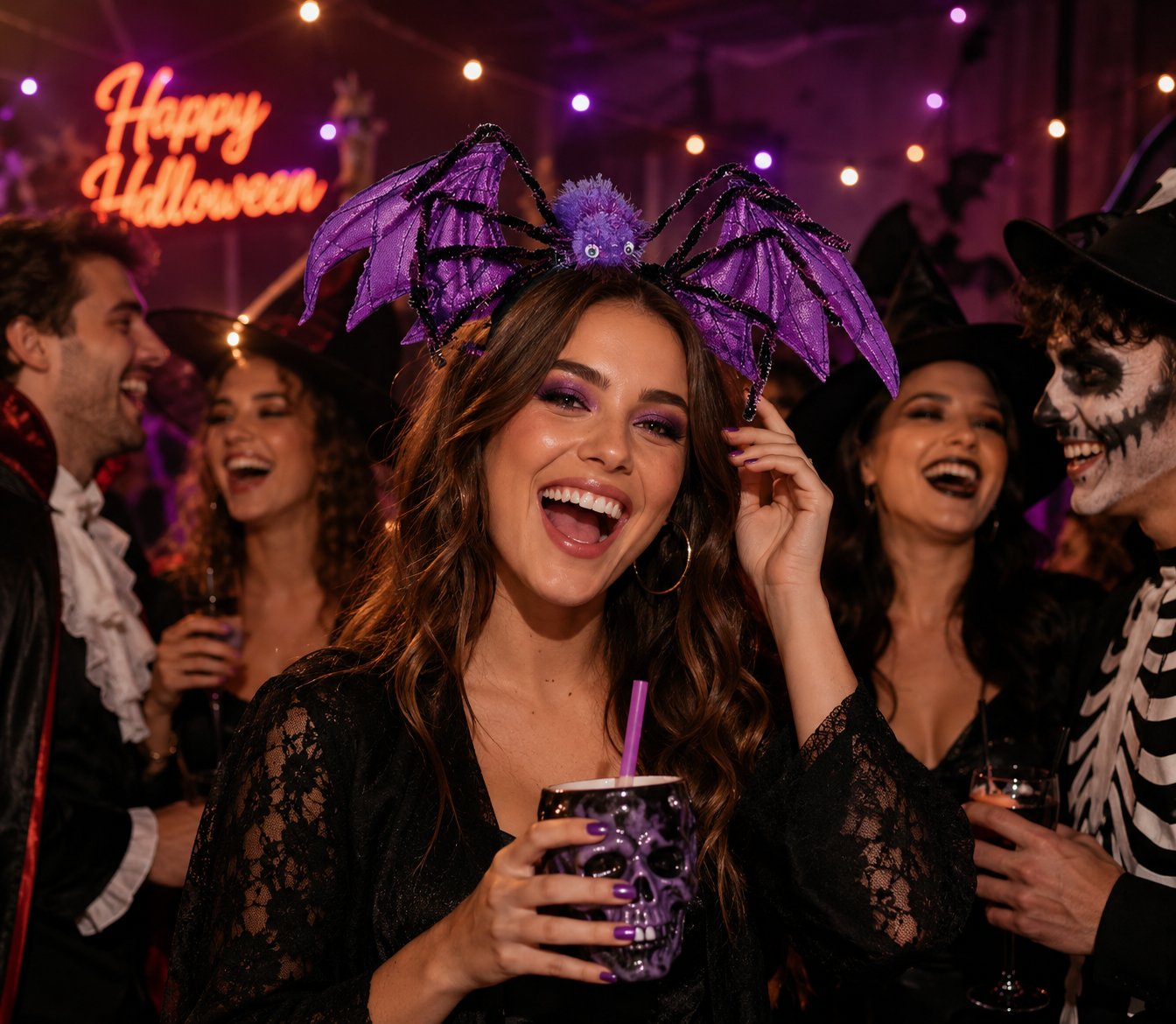 Halloween Cadılar Bayramı Mor Yarasa Kanatlı Örümcekli Taç 20x35,5 cm Parti Aksesuarı