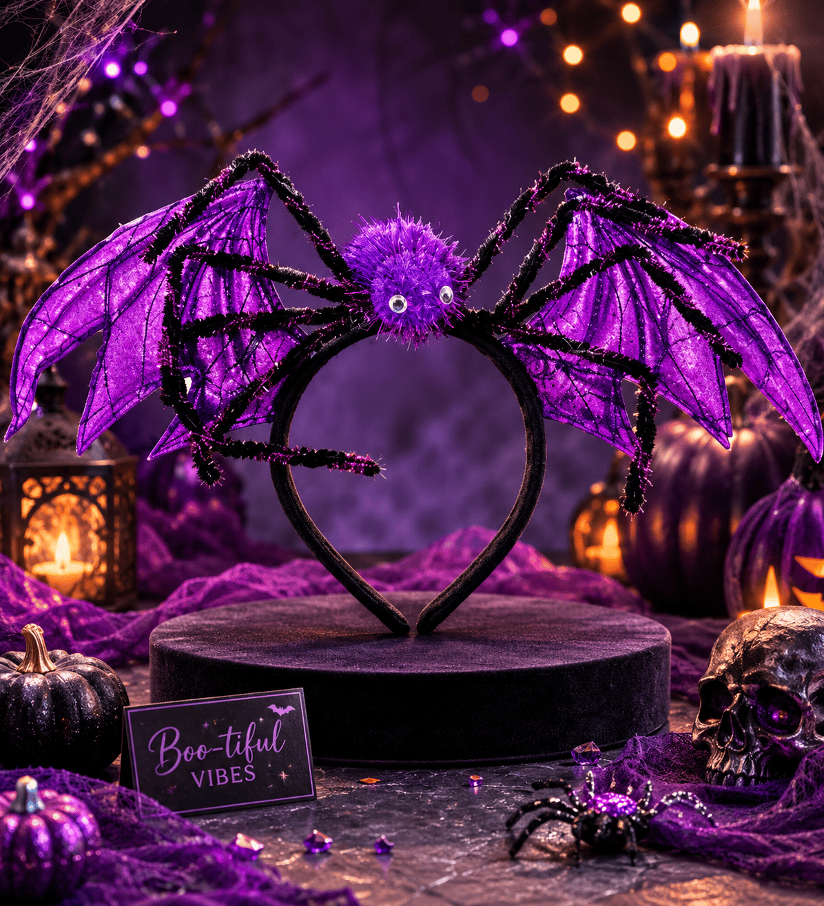 Halloween Cadılar Bayramı Mor Yarasa Kanatlı Örümcekli Taç 20x35,5 cm Parti Aksesuarı
