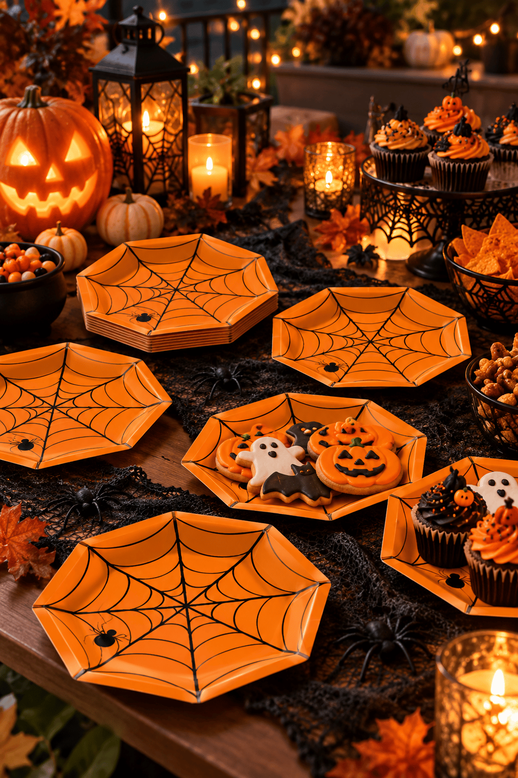 Halloween Cadılar Bayramı Örümcek Ağı Desenli Turuncu Sekizgen Karton Tabak 23 cm 8 Adet