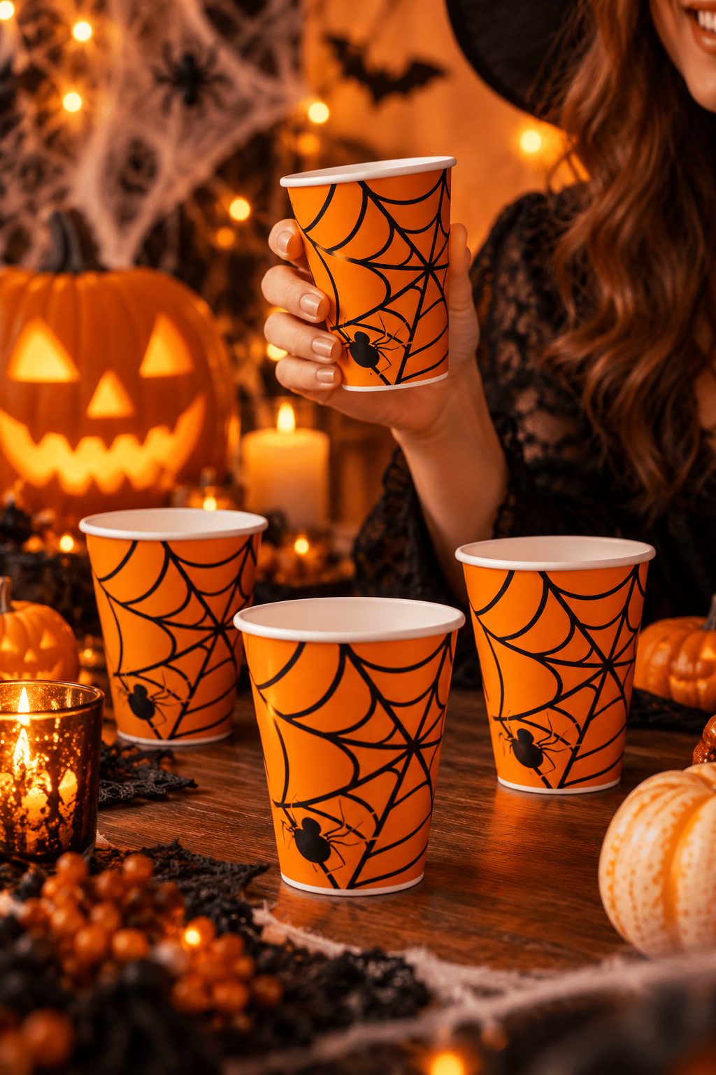 Halloween Cadılar Bayramı Örümcek Ağı Desenli Turuncu Karton Bardak 240 cc 8'li Parti Seti