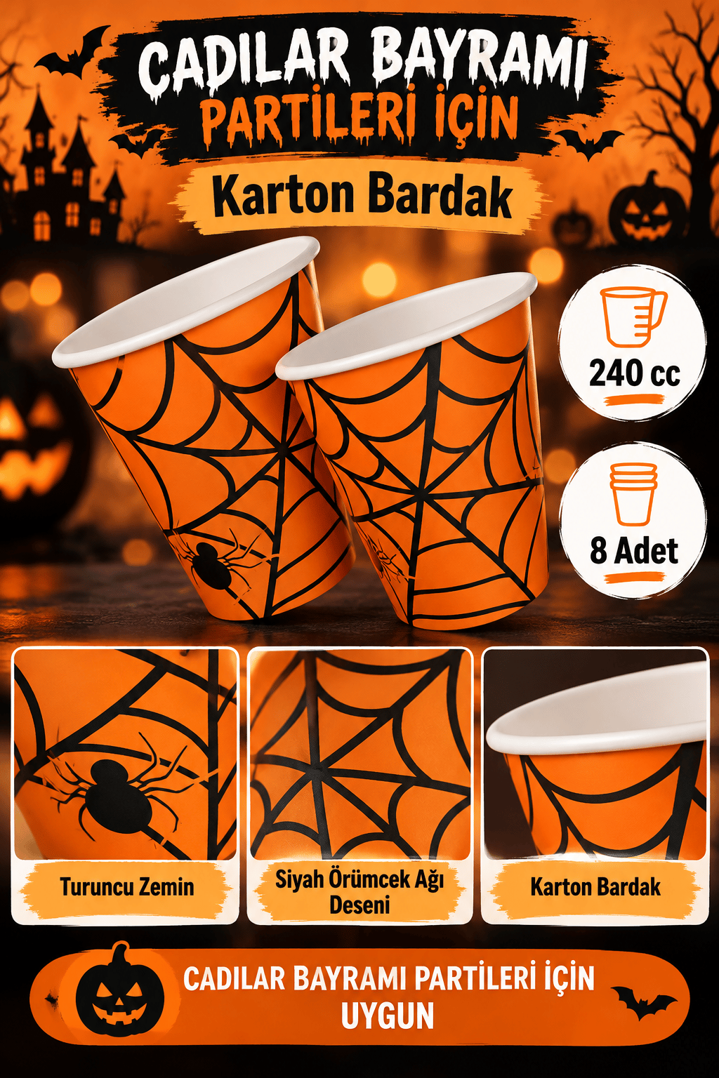 Halloween Cadılar Bayramı Örümcek Ağı Desenli Turuncu Karton Bardak 240 cc 8'li Parti Seti
