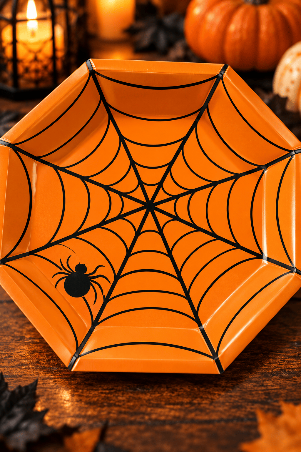 Halloween Cadılar Bayramı Örümcek Ağı Desenli Turuncu Sekizgen Karton Tabak 23 cm 8 Adet