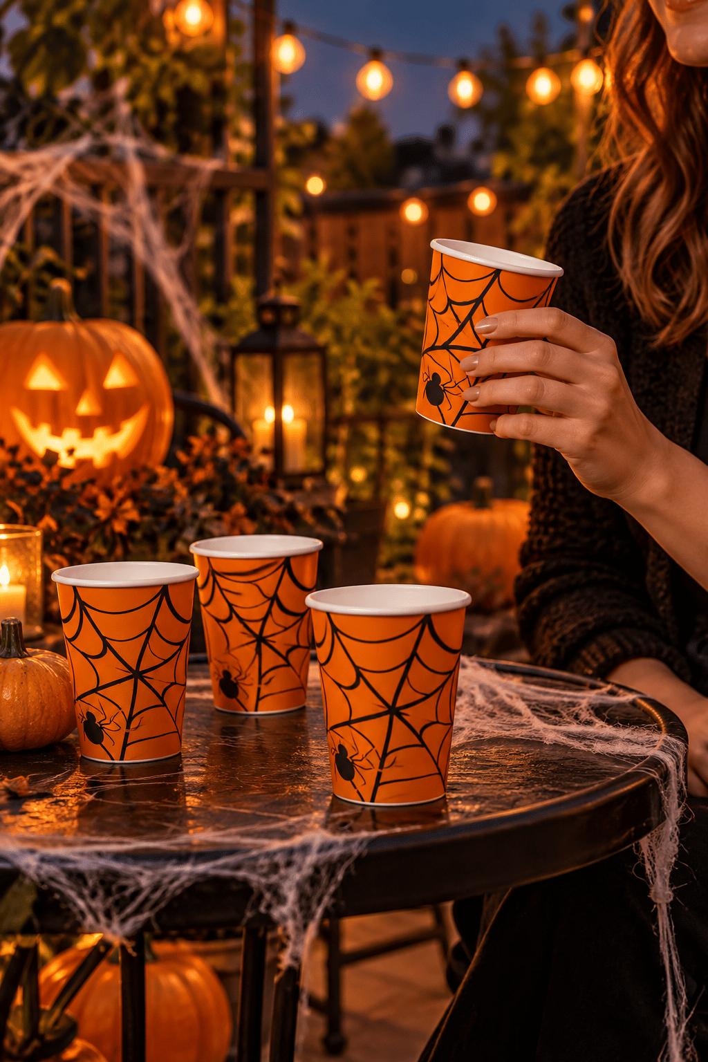 Halloween Cadılar Bayramı Örümcek Ağı Desenli Turuncu Karton Bardak 240 cc 8'li Parti Seti