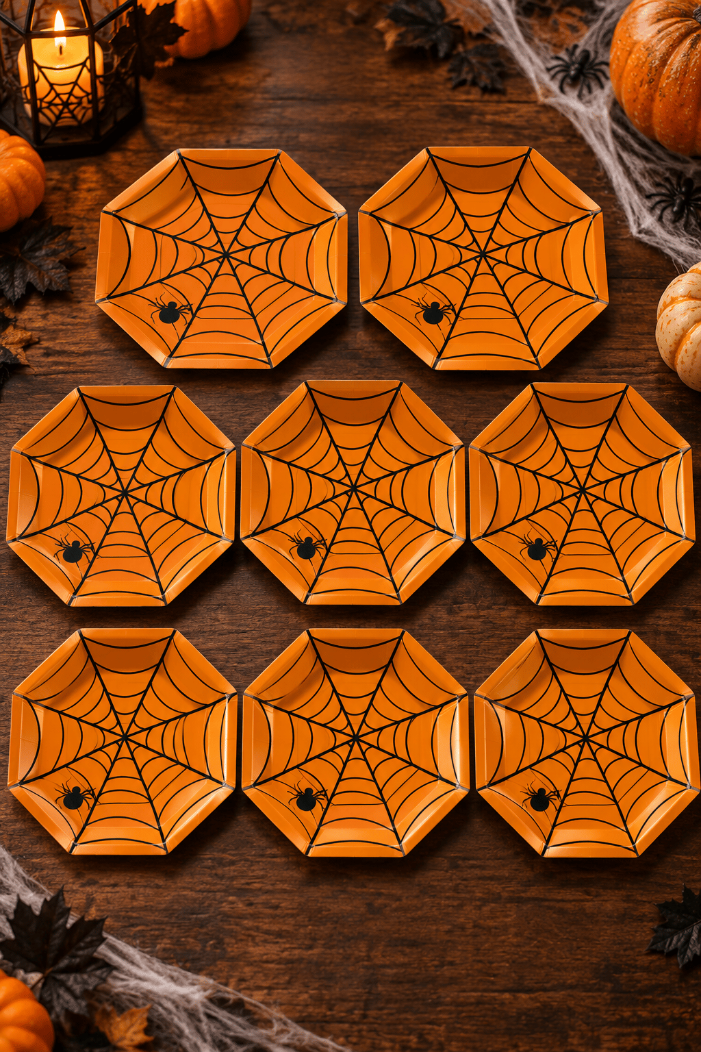 Halloween Cadılar Bayramı Örümcek Ağı Desenli Turuncu Sekizgen Karton Tabak 23 cm 8 Adet