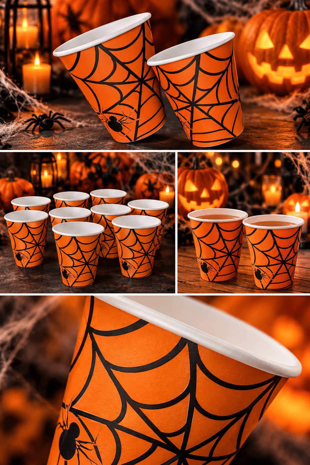 Halloween Cadılar Bayramı Örümcek Ağı Desenli Turuncu Karton Bardak 240 cc 8'li Parti Seti