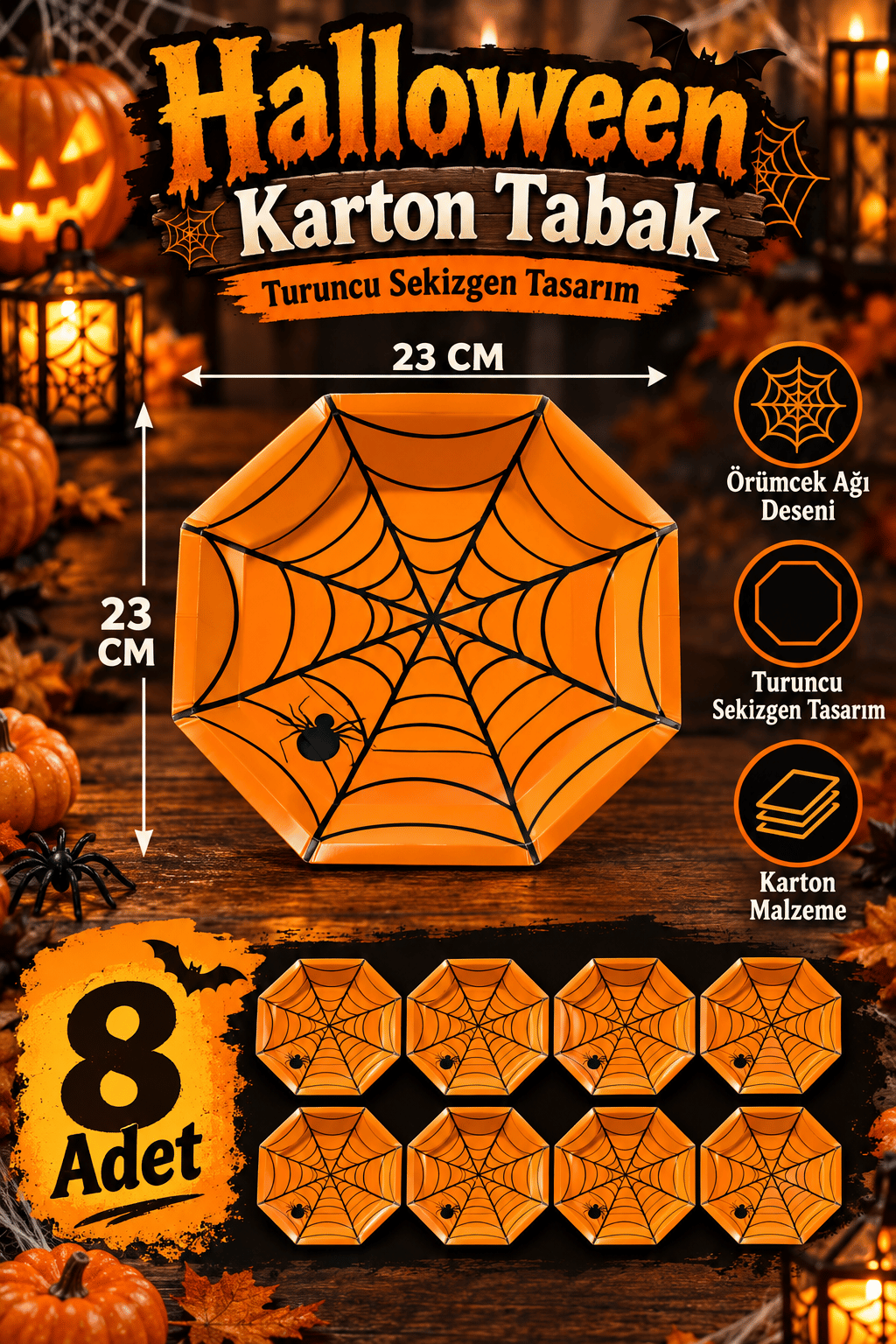 Halloween Cadılar Bayramı Örümcek Ağı Desenli Turuncu Sekizgen Karton Tabak 23 cm 8 Adet