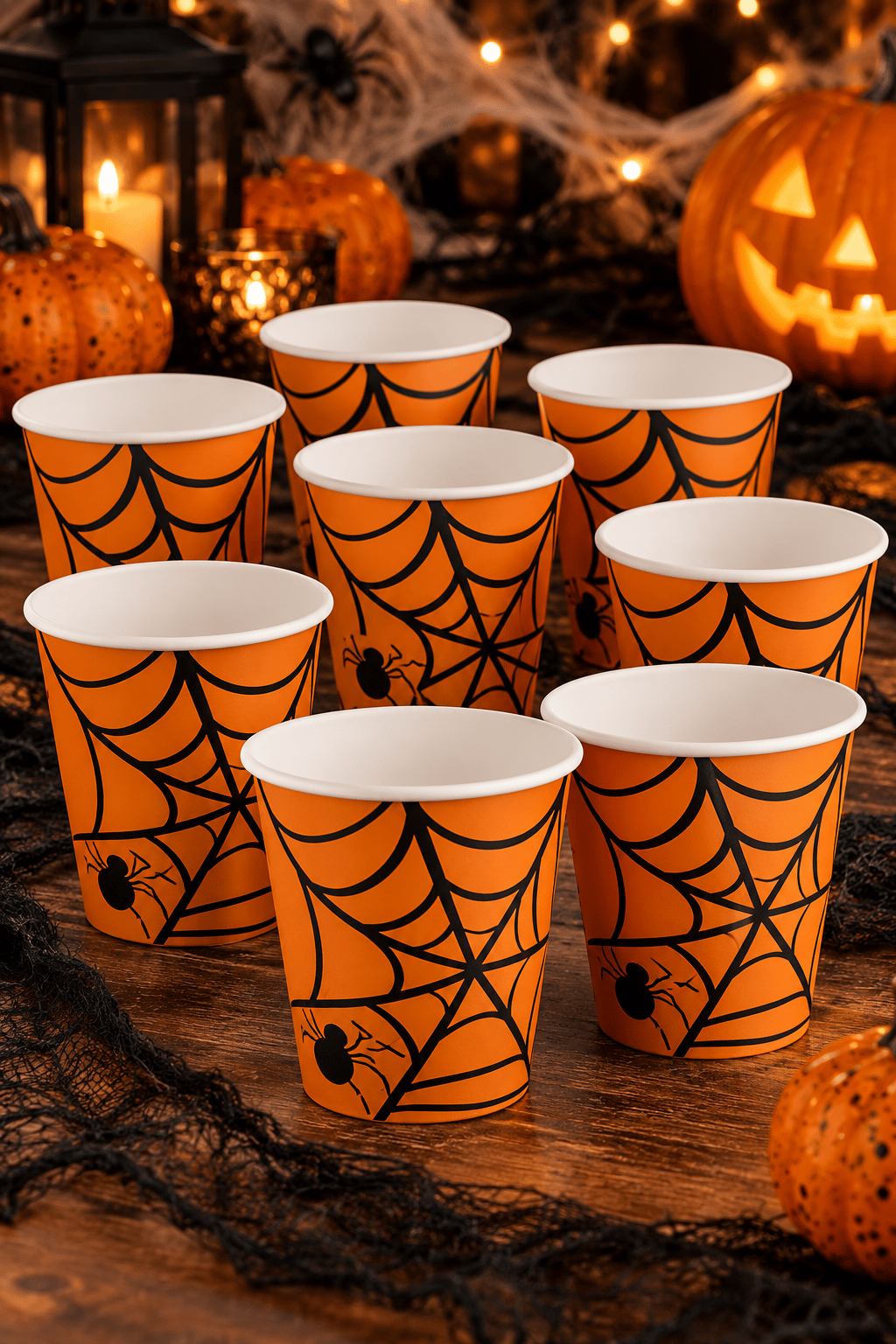 Halloween Cadılar Bayramı Örümcek Ağı Desenli Turuncu Karton Bardak 240 cc 8'li Parti Seti
