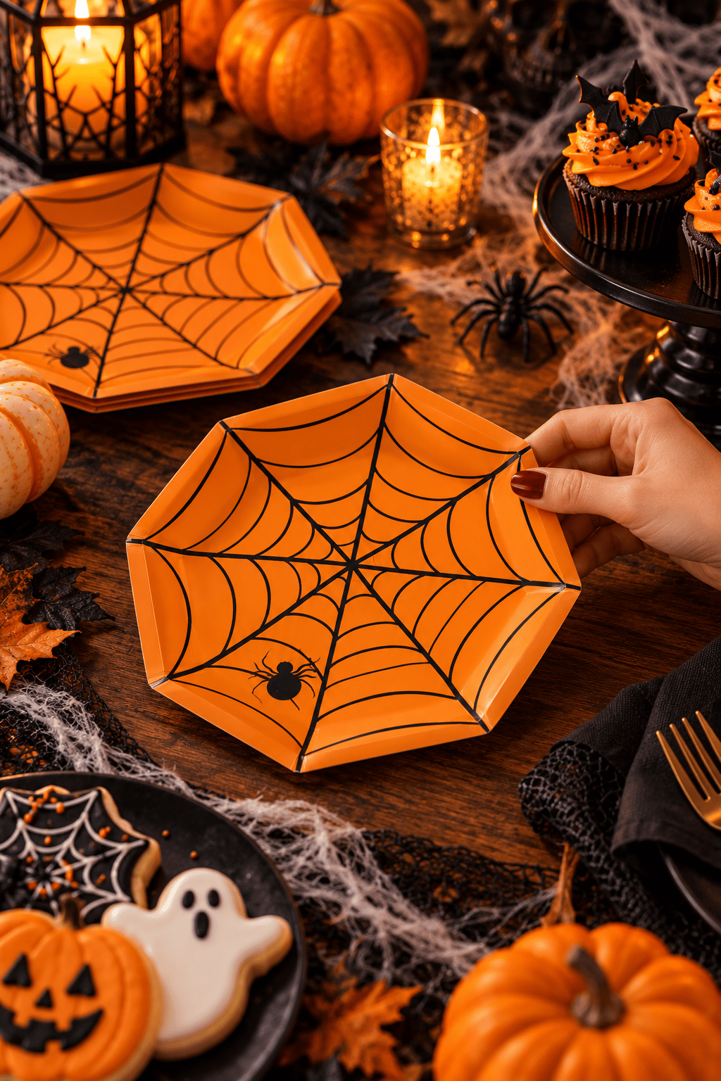 Halloween Cadılar Bayramı Örümcek Ağı Desenli Turuncu Sekizgen Karton Tabak 23 cm 8 Adet