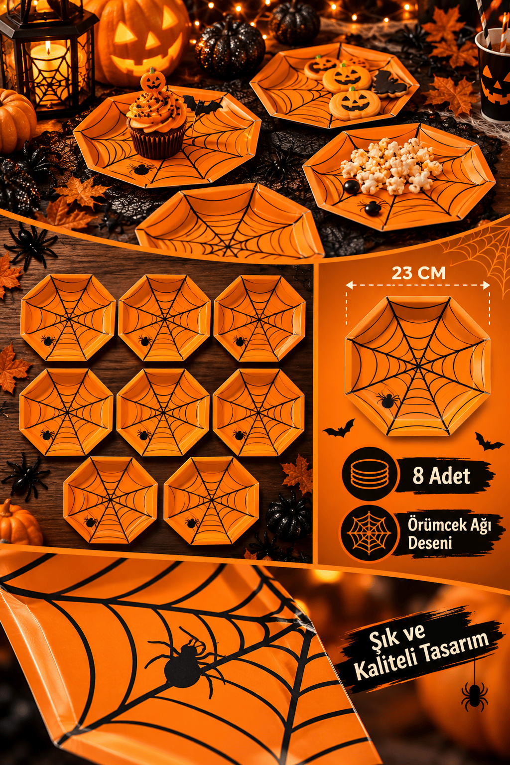 Halloween Cadılar Bayramı Örümcek Ağı Desenli Turuncu Sekizgen Karton Tabak 23 cm 8 Adet