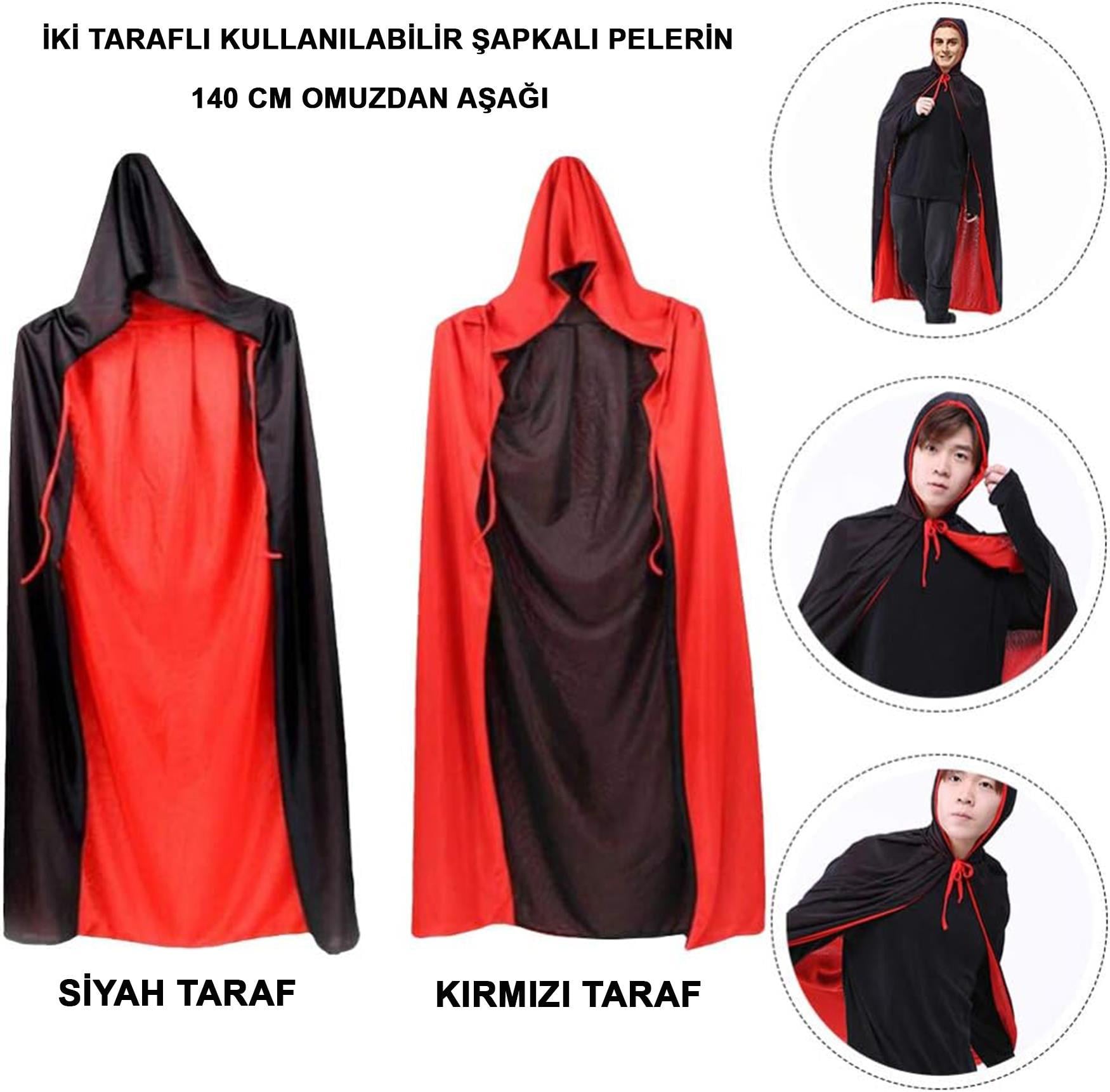 Halloween Cadılar Bayramı Pelerin Çift Taraflı Kapüşonlu 150cm