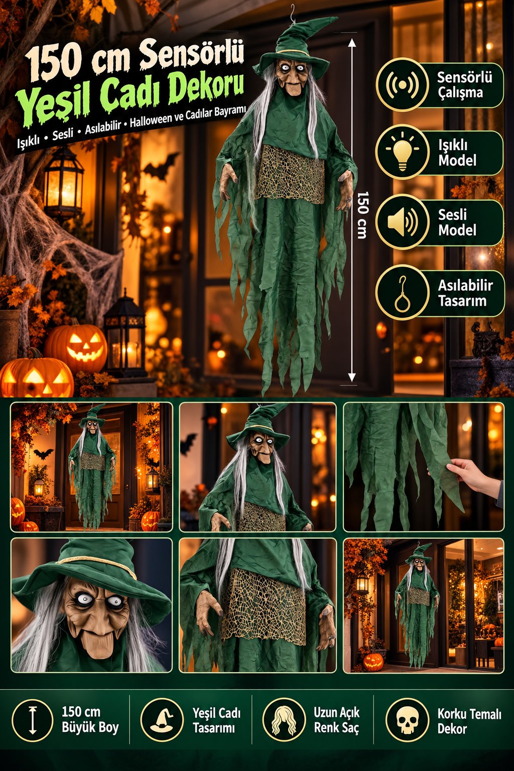 Halloween Cadılar Bayramı Sensörlü Sesli Işıklı Asılabilir Büyük Yeşil Cadı Korku Süsü 150 cm