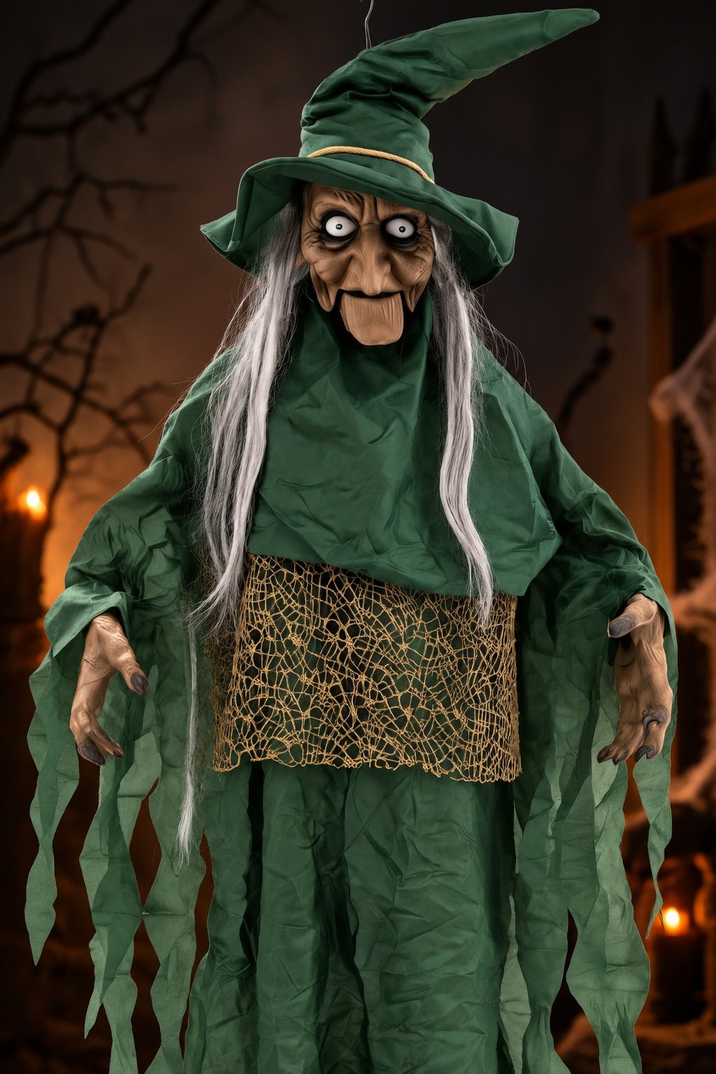 Halloween Cadılar Bayramı Sensörlü Sesli Işıklı Asılabilir Büyük Yeşil Cadı Korku Süsü 150 cm