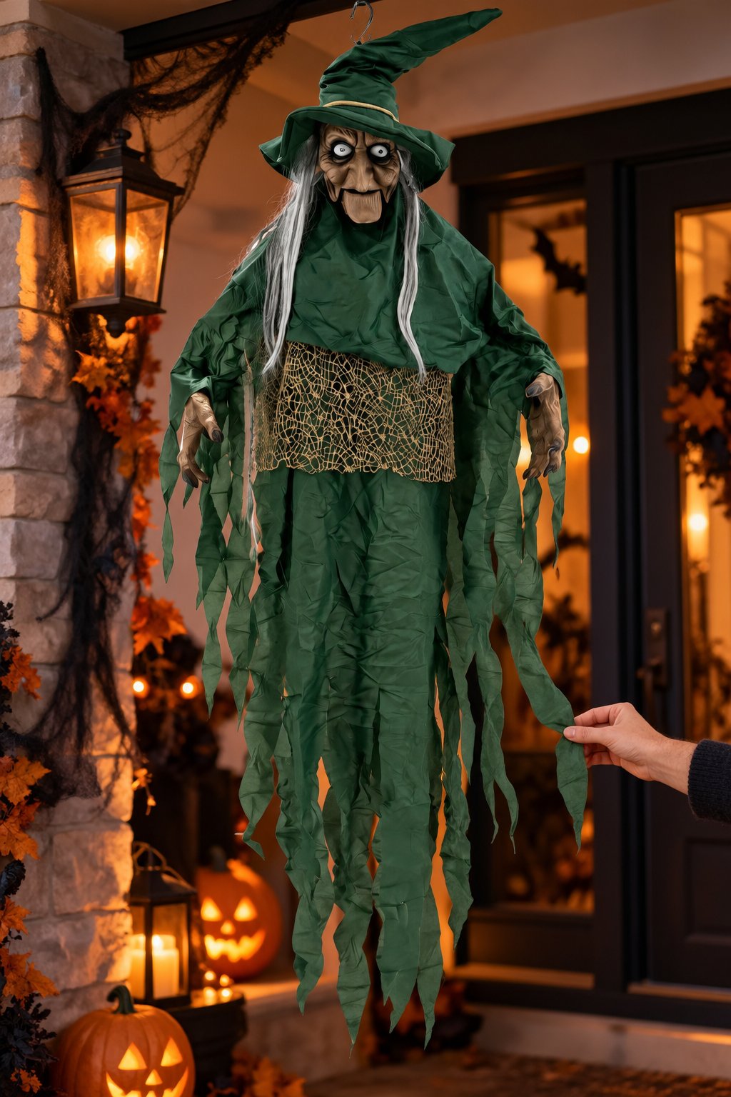 Halloween Cadılar Bayramı Sensörlü Sesli Işıklı Asılabilir Büyük Yeşil Cadı Korku Süsü 150 cm