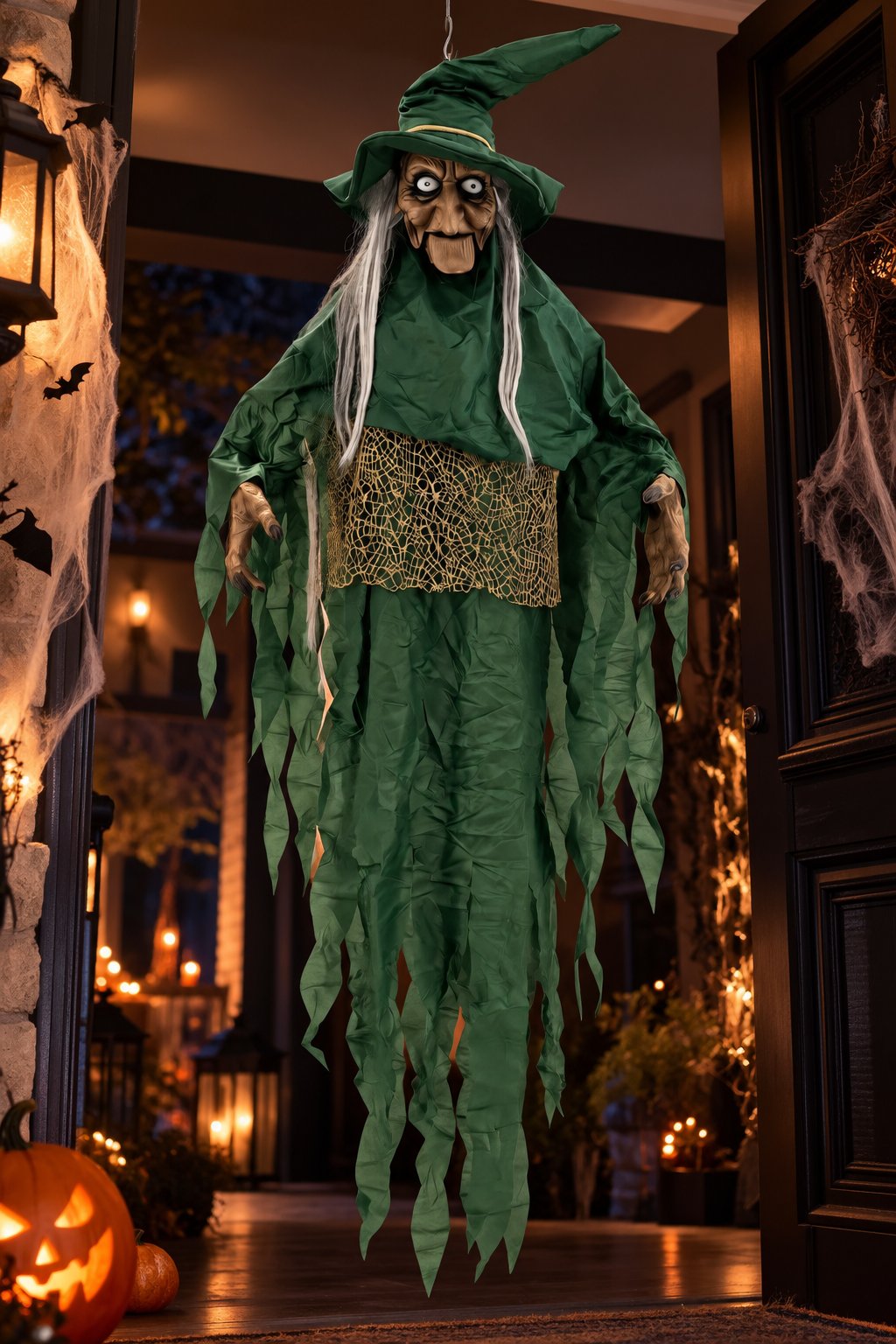 Halloween Cadılar Bayramı Sensörlü Sesli Işıklı Asılabilir Büyük Yeşil Cadı Korku Süsü 150 cm