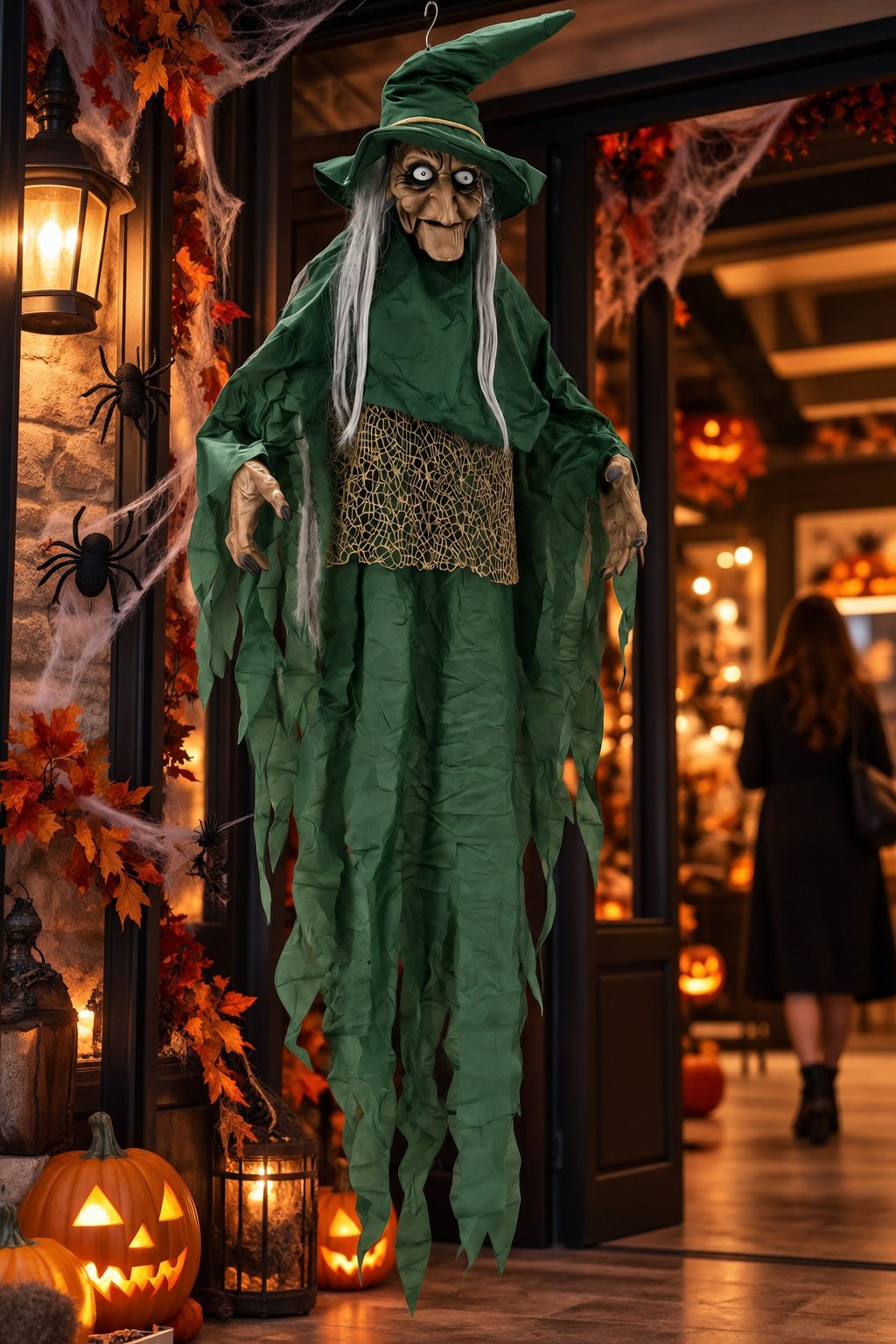 Halloween Cadılar Bayramı Sensörlü Sesli Işıklı Asılabilir Büyük Yeşil Cadı Korku Süsü 150 cm