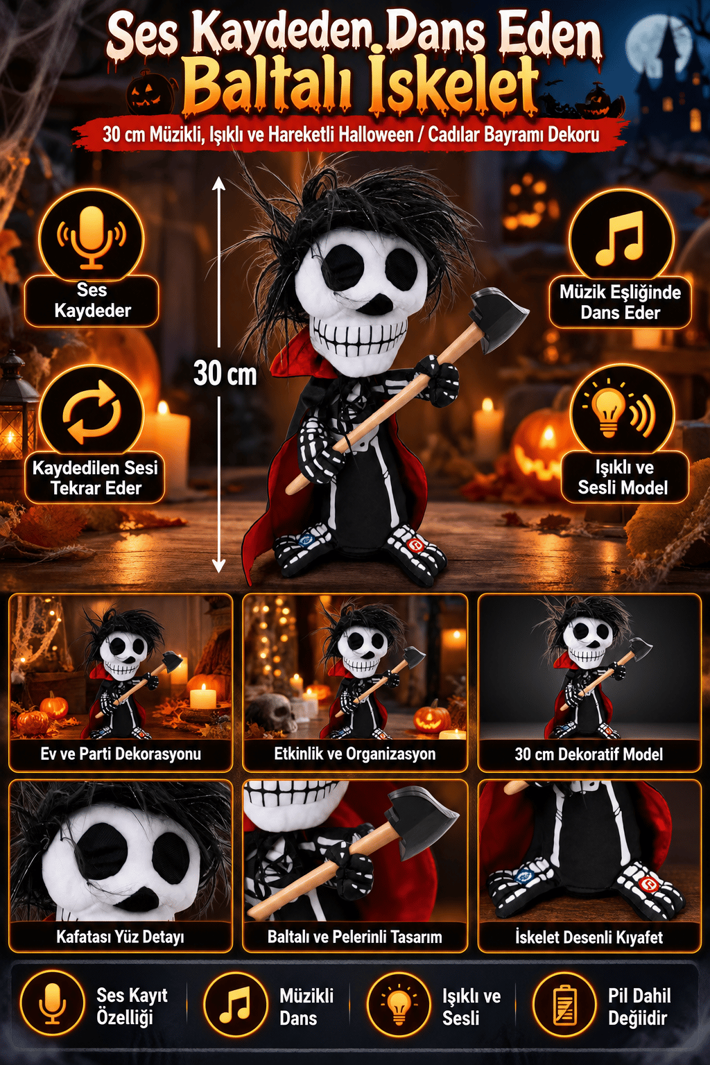 Halloween Cadılar Bayramı Ses Kaydeden Müzikli Işıklı Dans Eden Hareketli Baltalı İskelet Dekoru