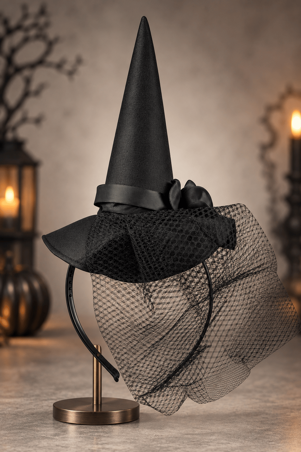 Halloween Cadılar Bayramı Siyah Güllü Tüllü Mini Cadı Şapkası Şeklinde Taç Parti Aksesuarı