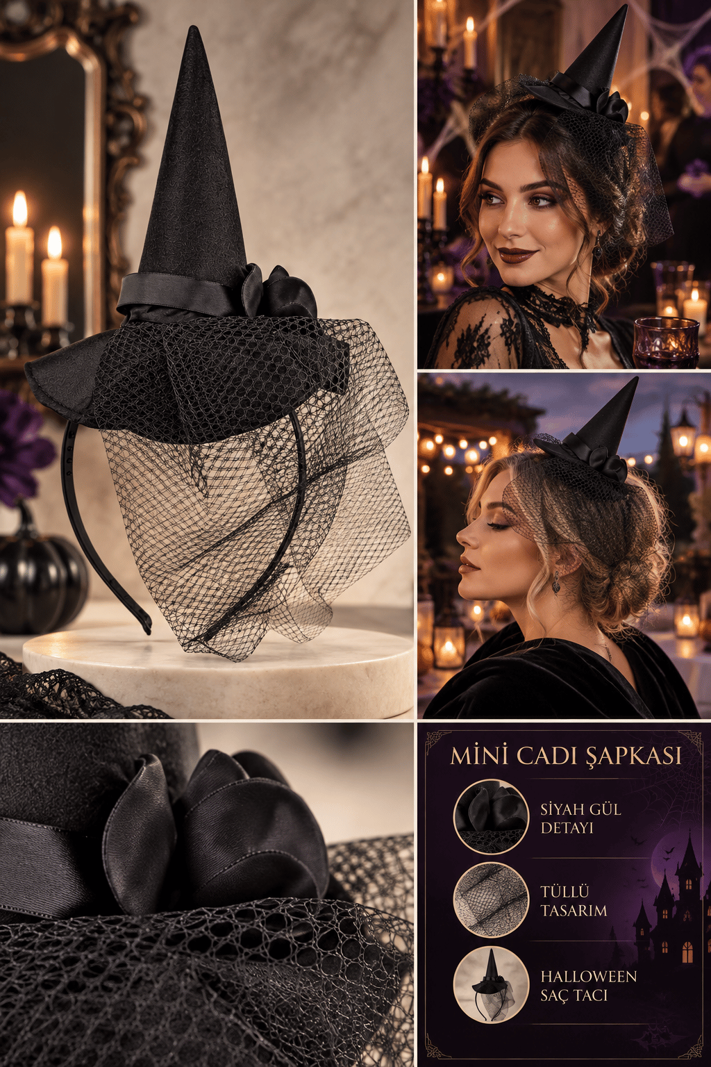 Halloween Cadılar Bayramı Siyah Güllü Tüllü Mini Cadı Şapkası Şeklinde Taç Parti Aksesuarı