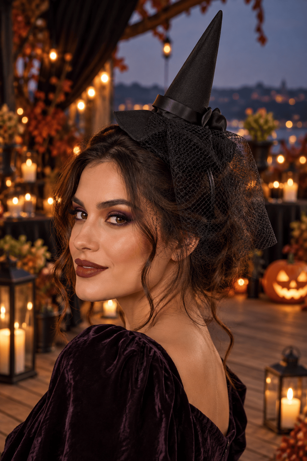Halloween Cadılar Bayramı Siyah Güllü Tüllü Mini Cadı Şapkası Şeklinde Taç Parti Aksesuarı