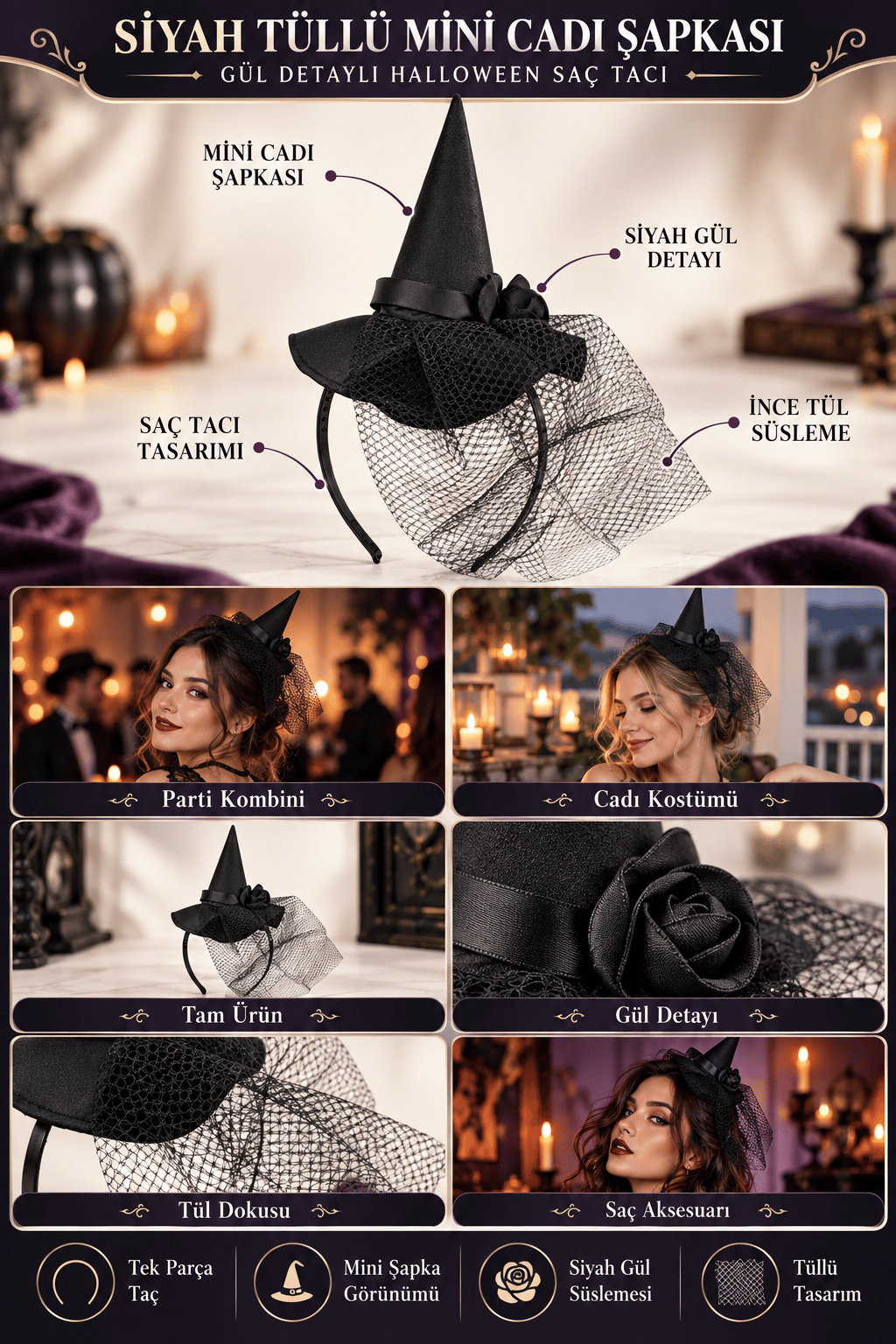Halloween Cadılar Bayramı Siyah Güllü Tüllü Mini Cadı Şapkası Şeklinde Taç Parti Aksesuarı
