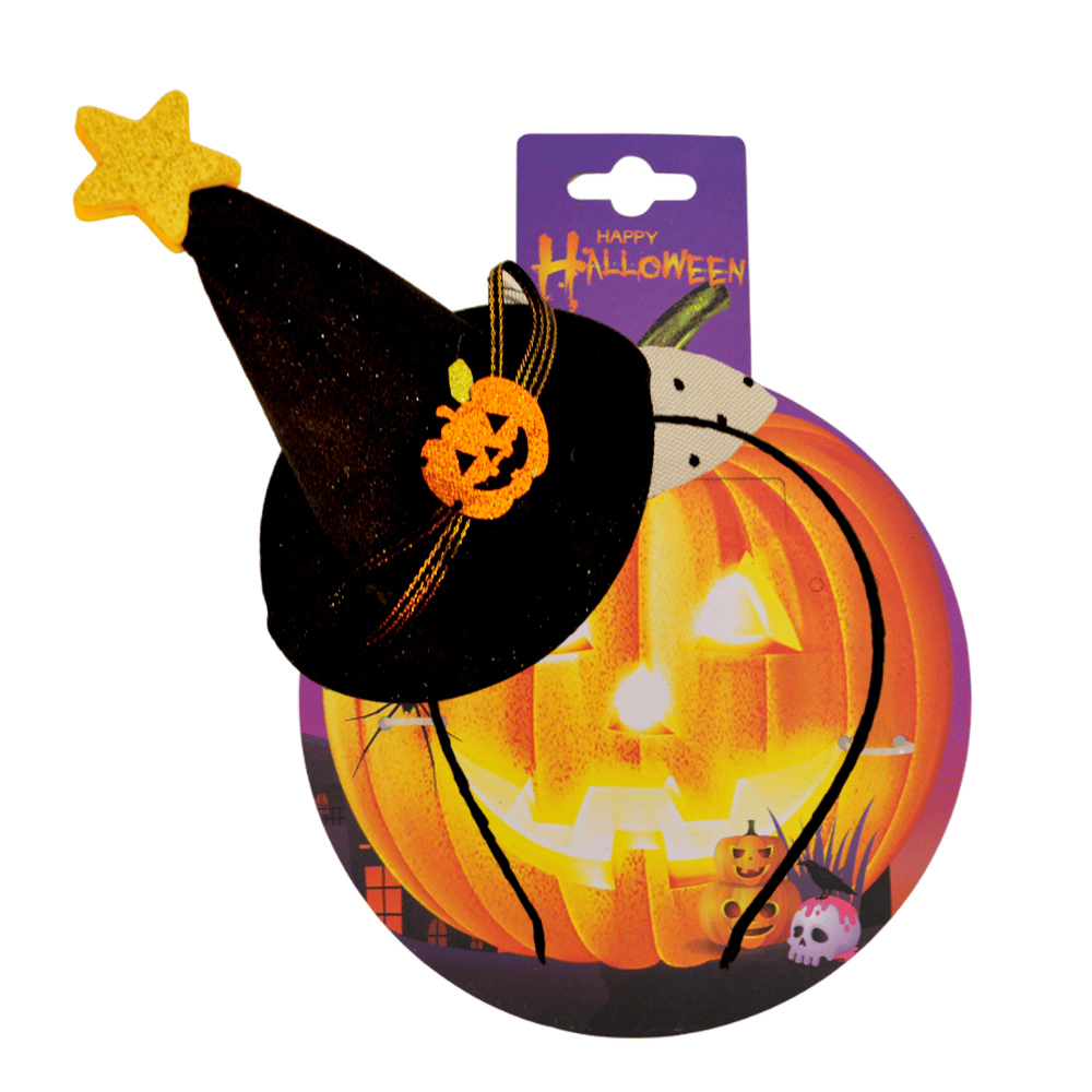 Halloween Cadılar Bayramı Siyah Simli Kumaş Uçları tül detaylı Balkabağı ve Üstte Mini Yıldızlı Cadı Şapkası Tacı