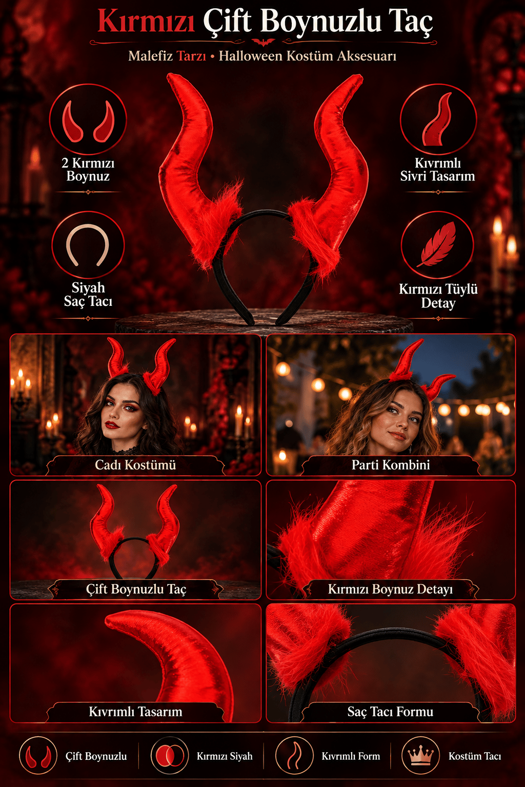 Halloween Cadılar Bayramı Taç Malefiz Kırmızı Çift Boynu Parti Kostümü Maleficent Taç