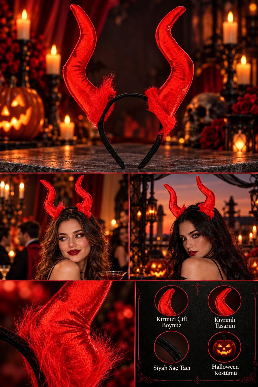 Halloween Cadılar Bayramı Taç Malefiz Kırmızı Çift Boynu Parti Kostümü Maleficent Taç