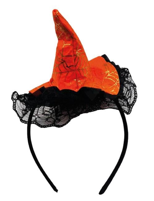 Halloween Cadılar Bayramı Taç  Mini Cadı Şapkası Şeklinde Tüllü Turuncu-Siyah  Varaklı Örümcek Ağı Desenli    