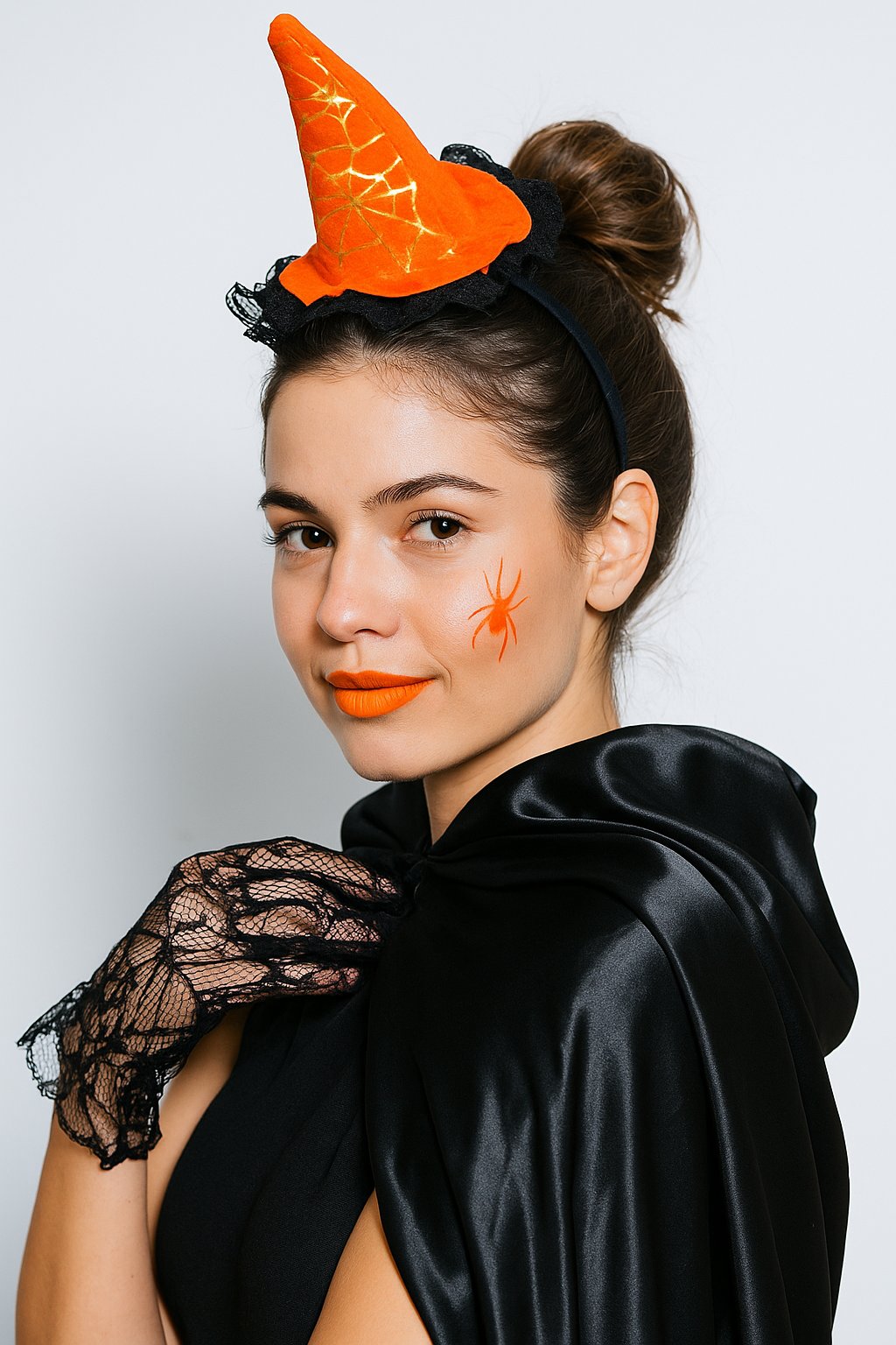 Halloween Cadılar Bayramı Taç  Mini Cadı Şapkası Şeklinde Tüllü Turuncu-Siyah  Varaklı Örümcek Ağı Desenli    