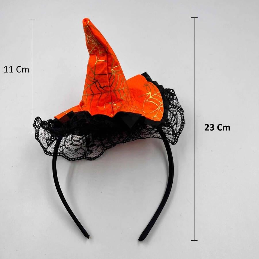 Halloween Cadılar Bayramı Taç  Mini Cadı Şapkası Şeklinde Tüllü Turuncu-Siyah  Varaklı Örümcek Ağı Desenli    