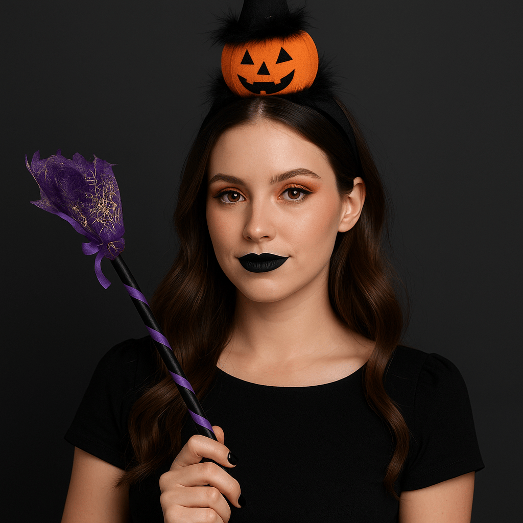 Halloween Cadılar Bayramına Özel Taç Balkabağı Üstüne Ponponlu Şapkalı Lüks Taç Parti Aksesuarı