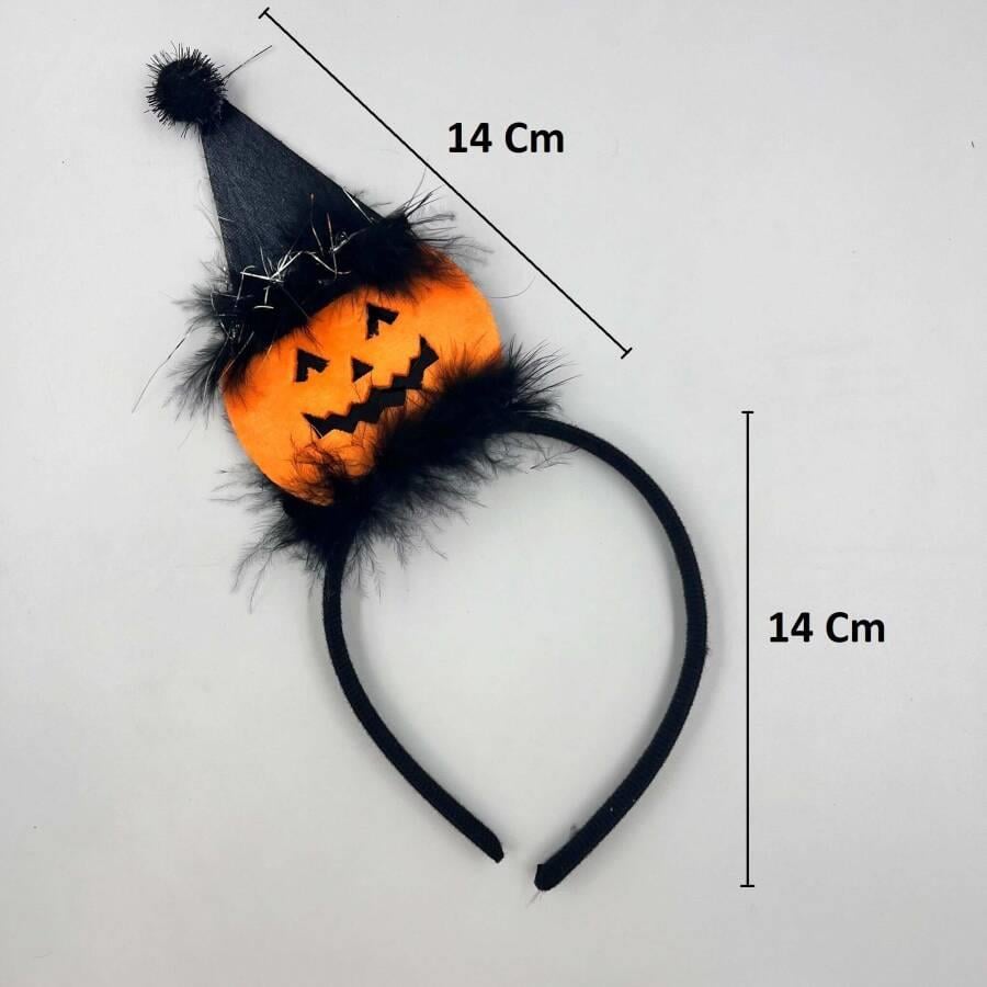 Halloween Cadılar Bayramına Özel Taç Balkabağı Üstüne Ponponlu Şapkalı Lüks Taç Parti Aksesuarı