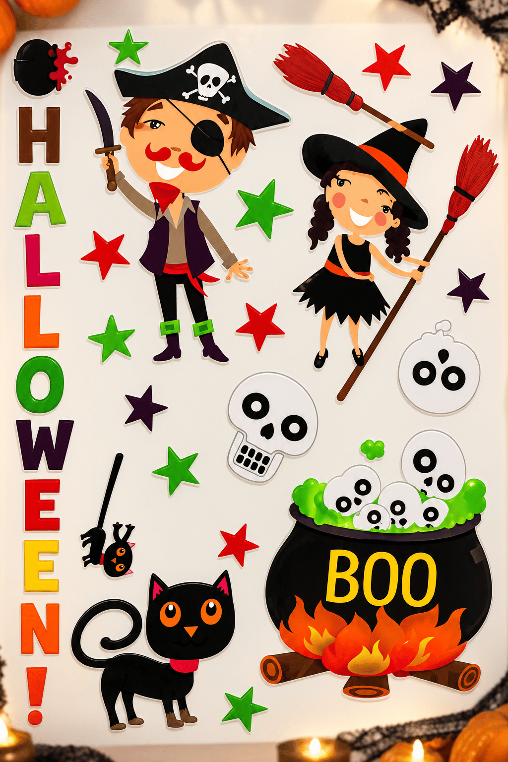 Halloween Cam Sticker Cadı Korsan Kedi Balkabağı