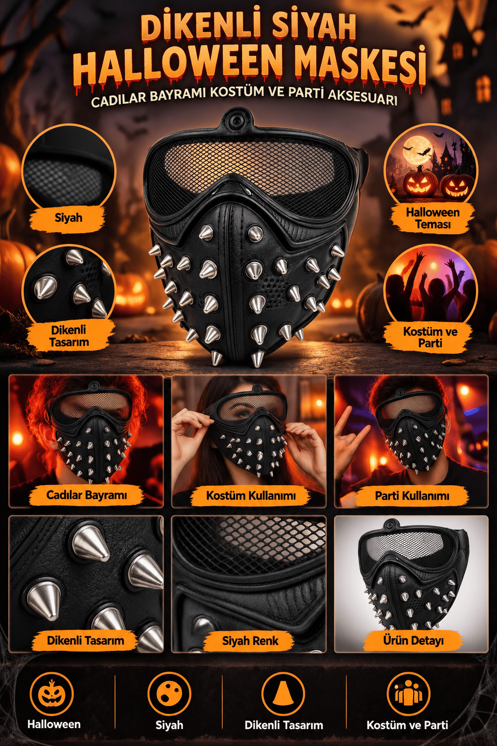 Halloween Dikenli Siyah Maske Halloween Cadılar Bayramı Parti Aksesuarı