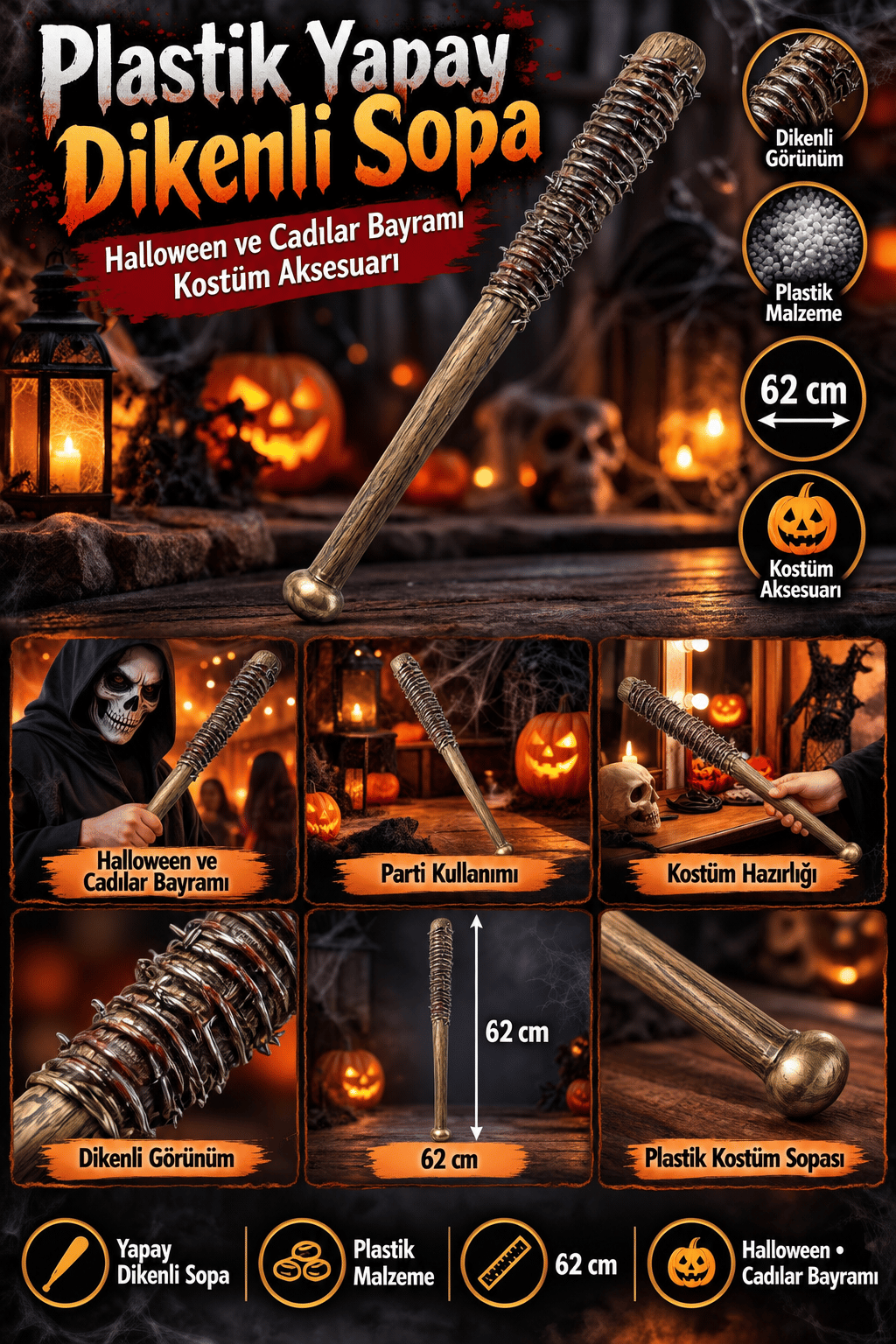 Halloween Dikenli Sopa 62 cm Plastik Cadılar Bayramı