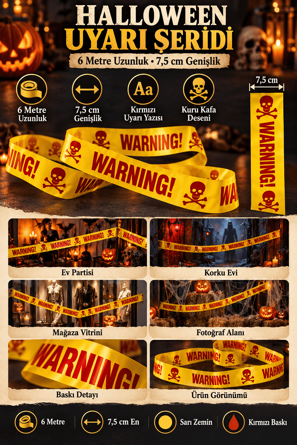 Halloween Emniyet Şeridi Kırmızı Warning 6 Metre 7.5cm en