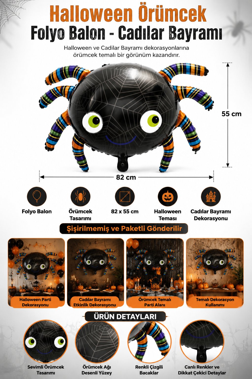 Halloween Folyo Balon Örümcek 82x55 cm Cadılar Bayramı Parti Süsü Temalı Dekorasyon Balonu