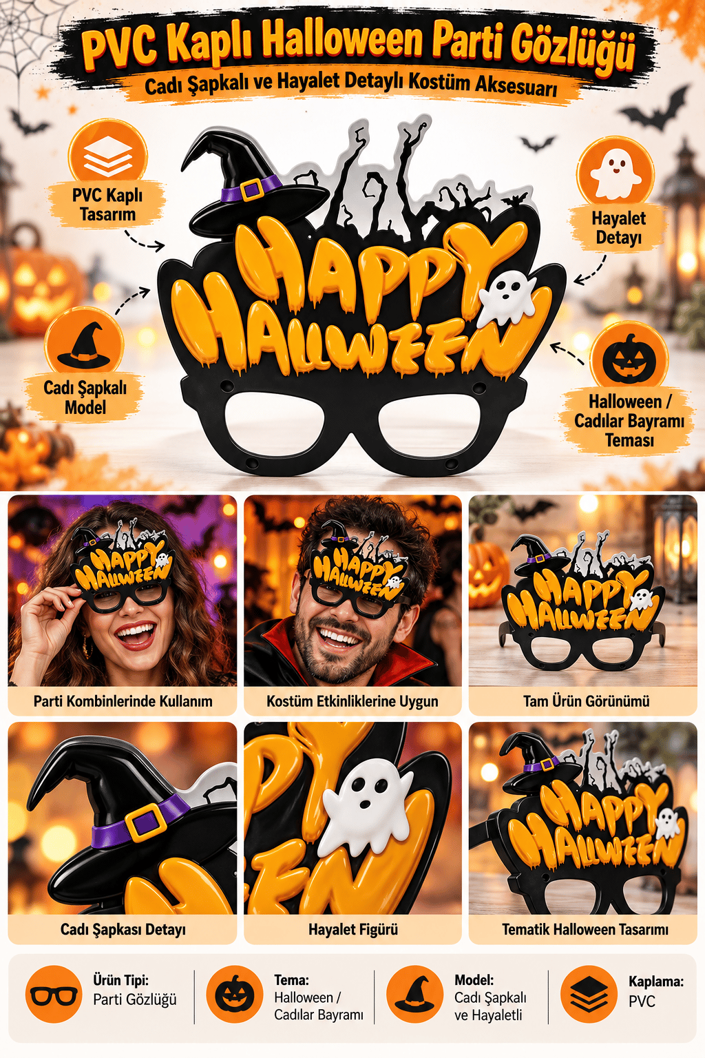 Halloween Gözlük PVC Kaplı Gözlük Cadı Şapkalı Model