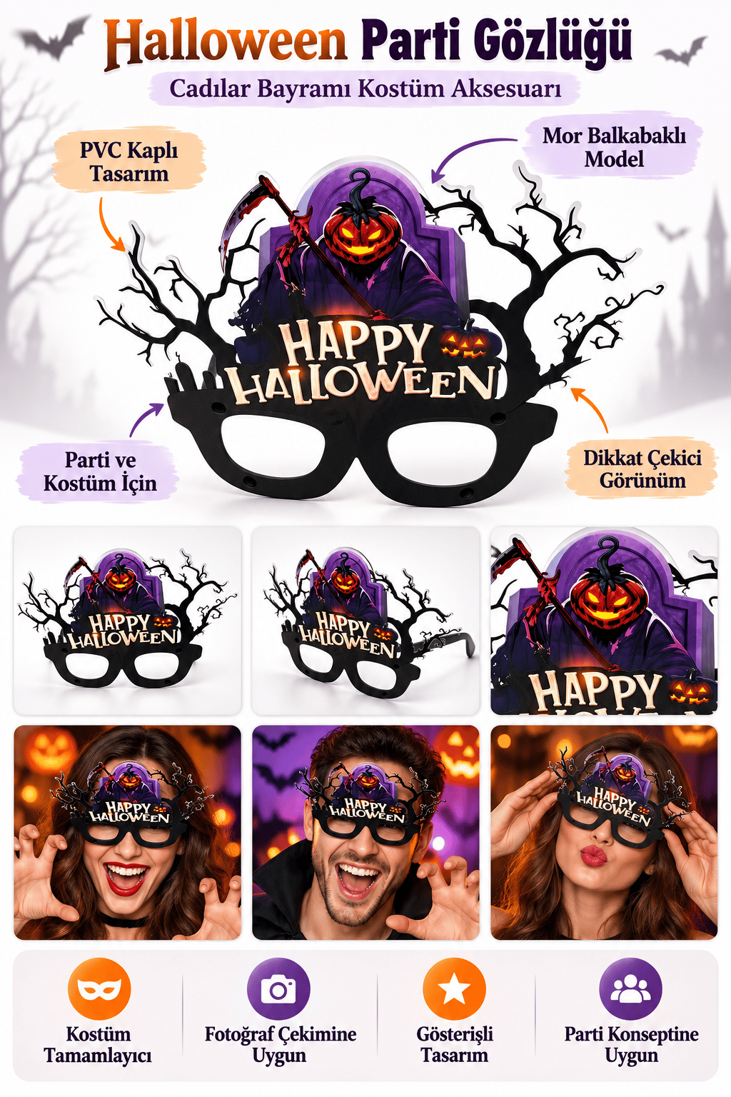 Halloween Gözlük PVC Kaplı Gözlük Mor Bal Kabaklı Model