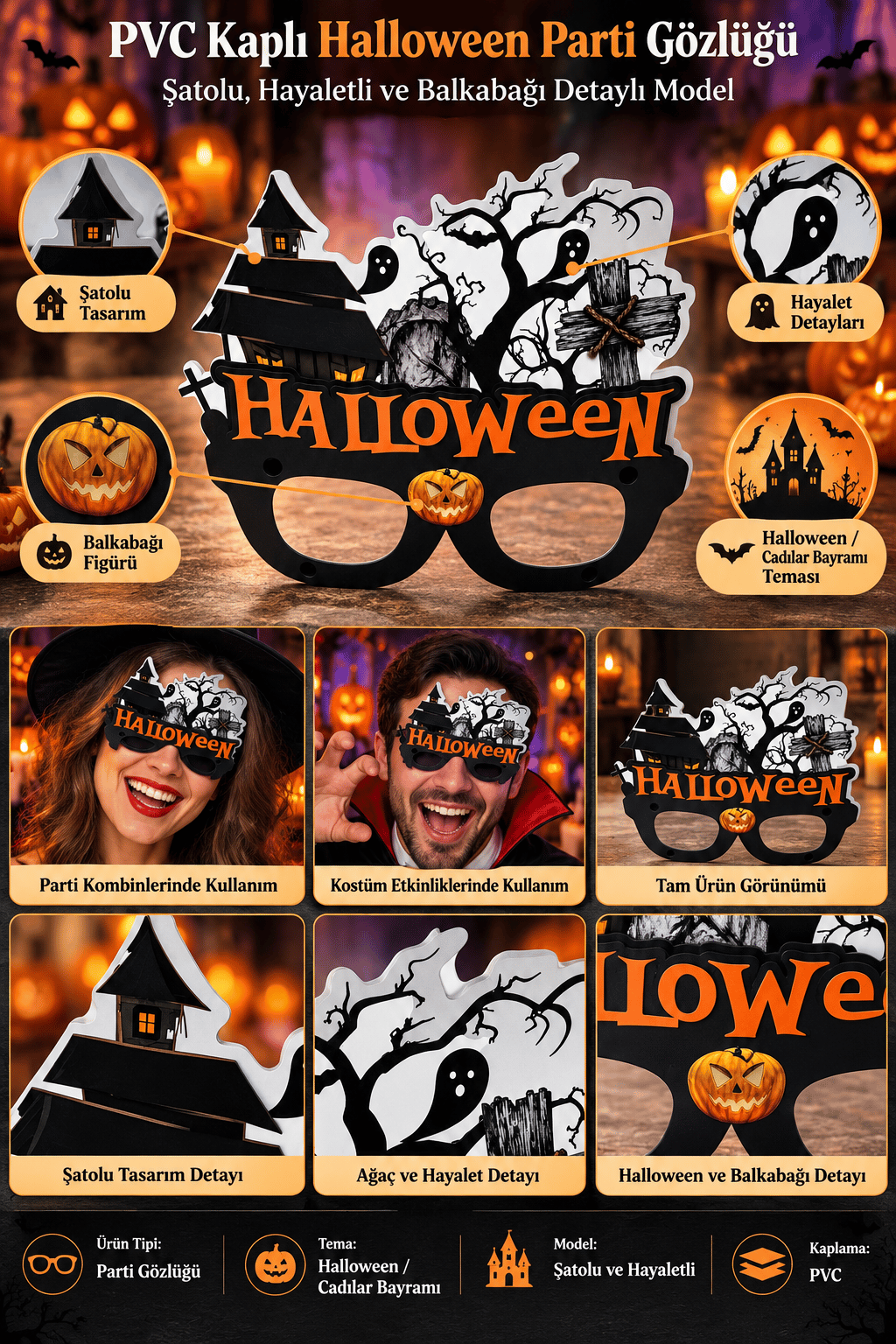 Halloween Gözlük PVC Kaplı Gözlük Şatolu Model