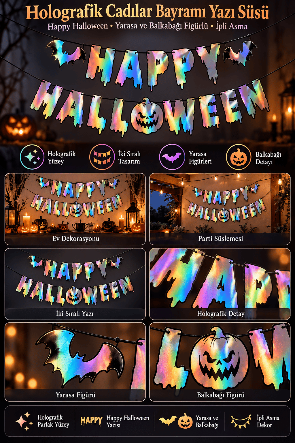 Halloween Holografik Happy Yazı – Balkabağı Figürlü İpli Asma Parti Dekoru