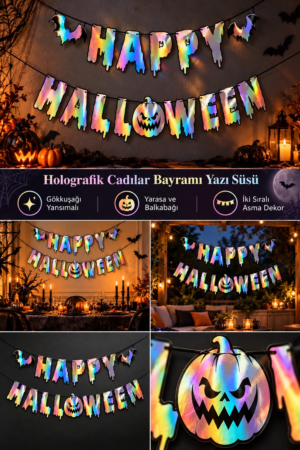 Halloween Holografik Happy Yazı – Balkabağı Figürlü İpli Asma Parti Dekoru