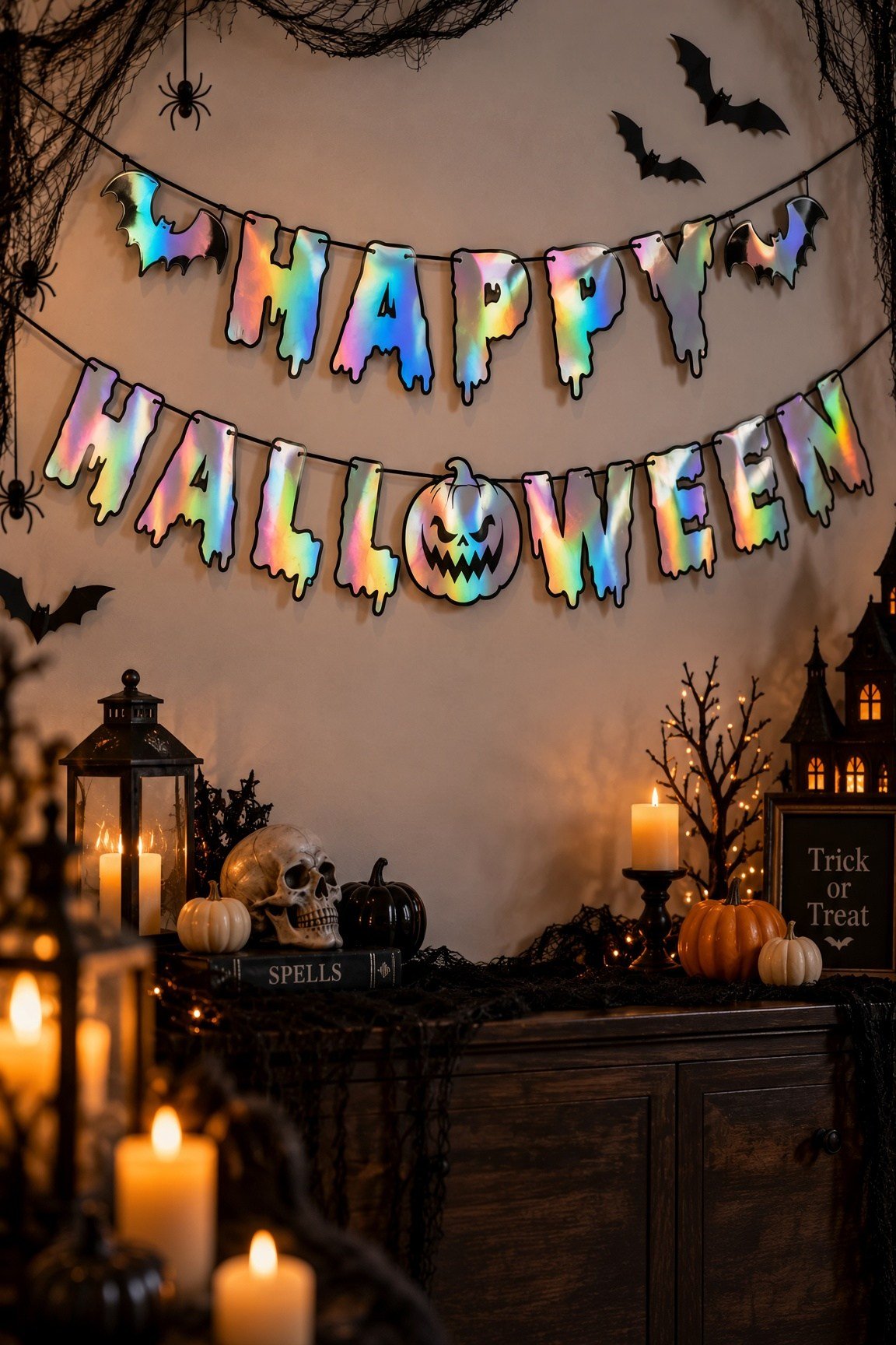 Halloween Holografik Happy Yazı – Balkabağı Figürlü İpli Asma Parti Dekoru