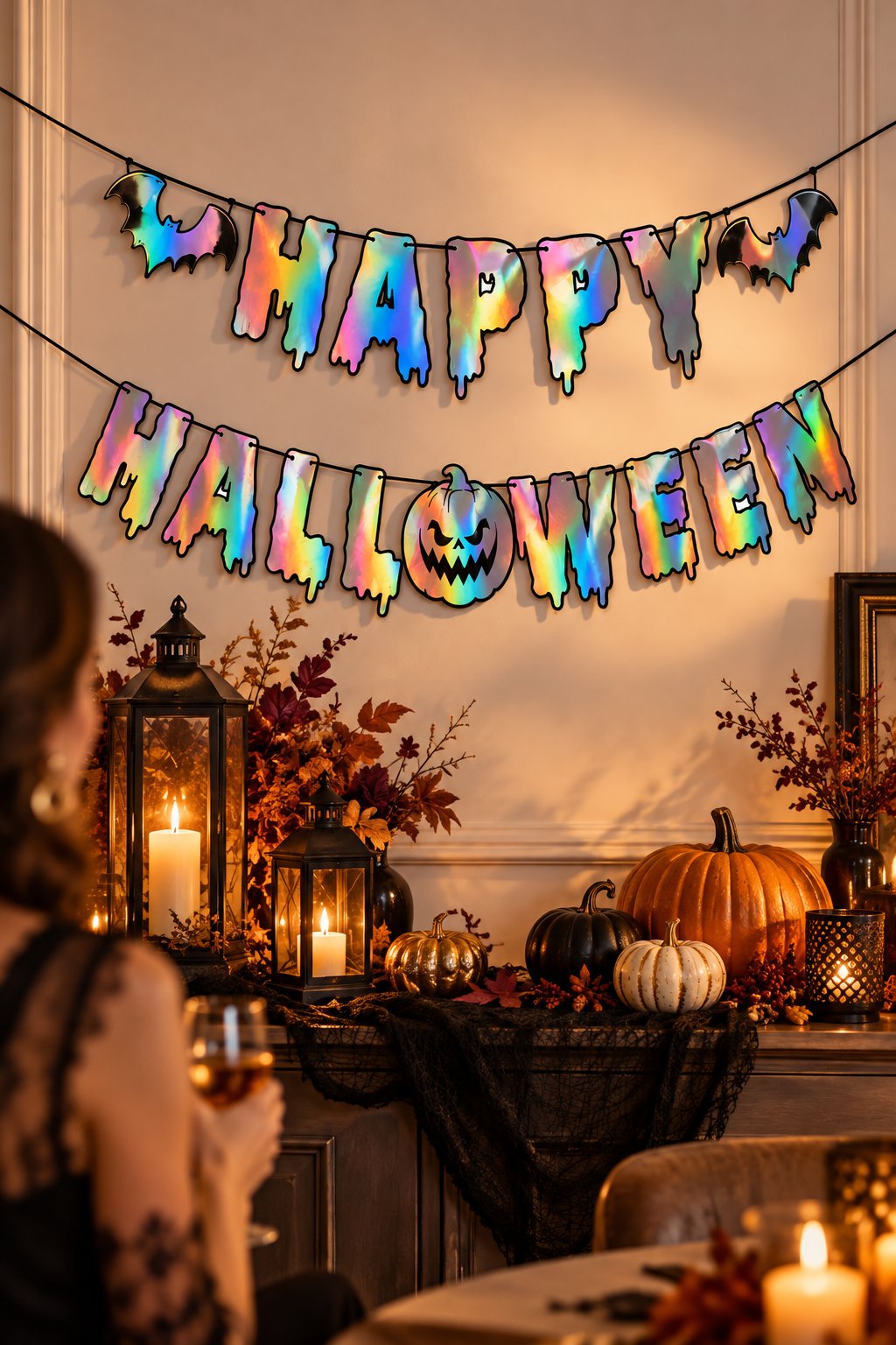 Halloween Holografik Happy Yazı – Balkabağı Figürlü İpli Asma Parti Dekoru
